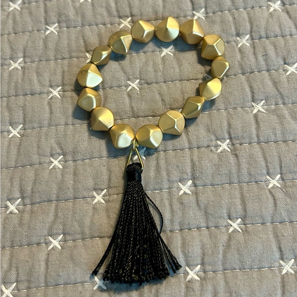 (Bundle 3 for $15) Gold Beaded Bracelet with Black Tassel